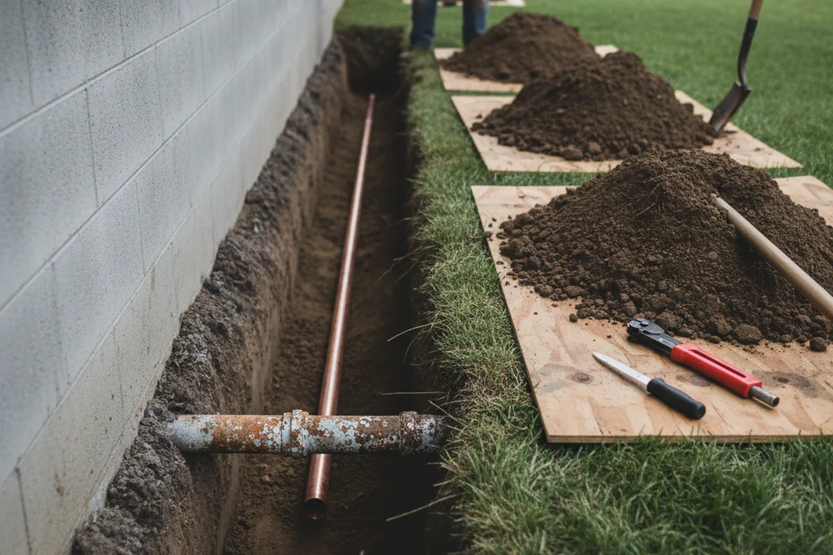 Excavated water line trench during Water Heater Repair in Palmetto